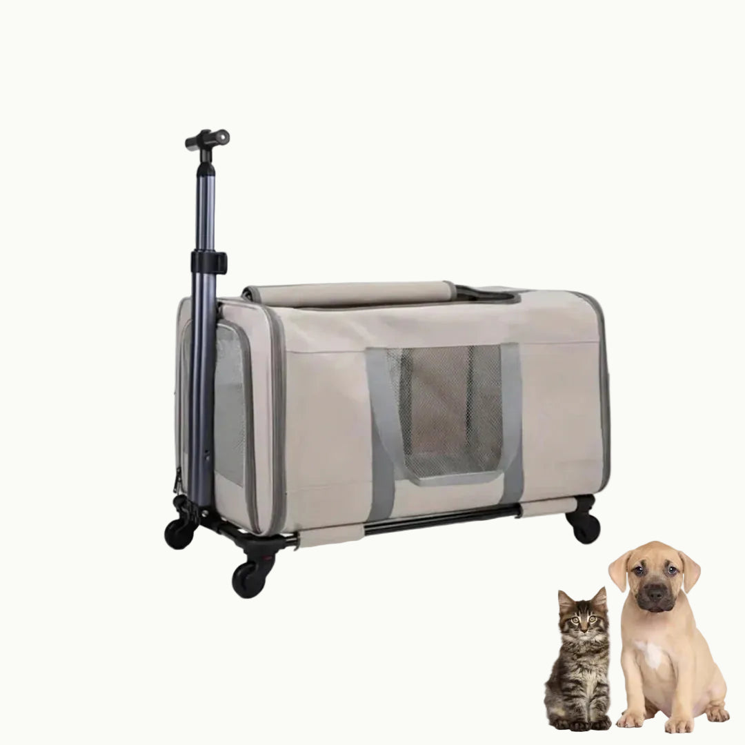 A beige rolling pet travel carrier with wheels and a telescopic handle, displayed next to a dog and cat.