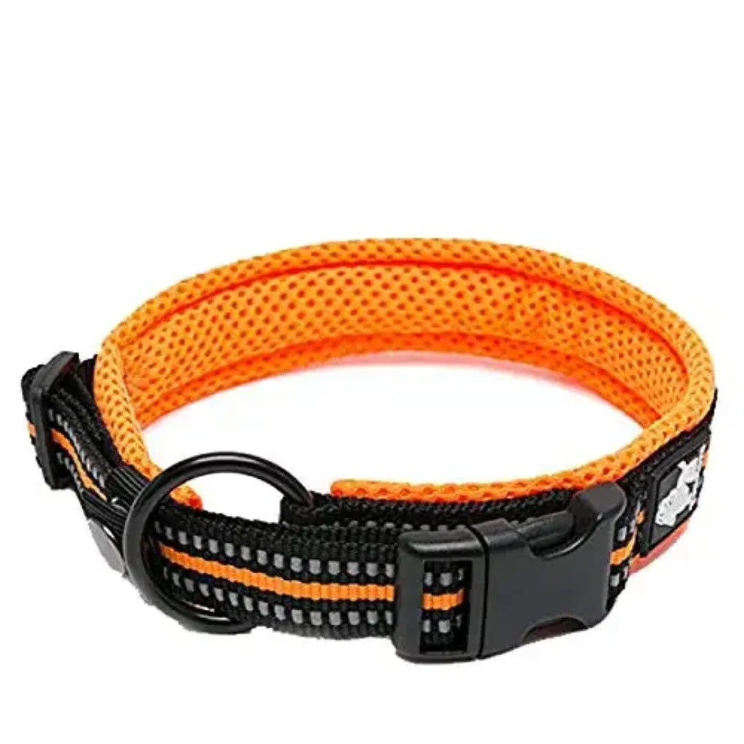 A bright orange, breathable mesh dog collar with black trim, reflective safety detailing, and a secure buckle.