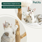 A cat playing with a soft ball on a natural flower-shaped cat tree featuring wrapped rattan scratching branches.