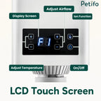 A close-up view of the pet hair dryer's LCD touch screen interface, highlighting temperature, airflow, and ion function controls.