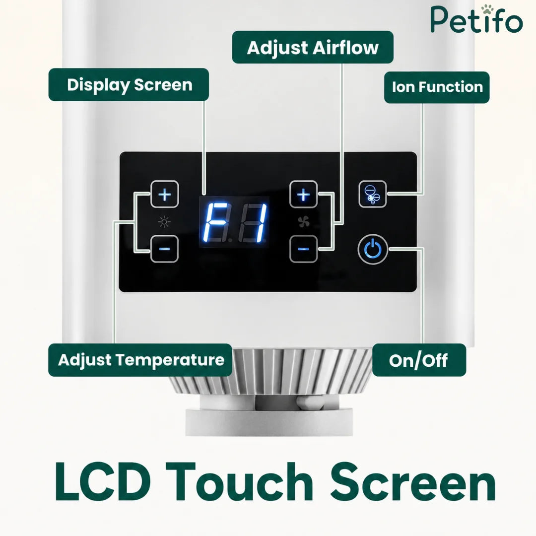 A close-up view of the pet hair dryer's LCD touch screen interface, highlighting temperature, airflow, and ion function controls.