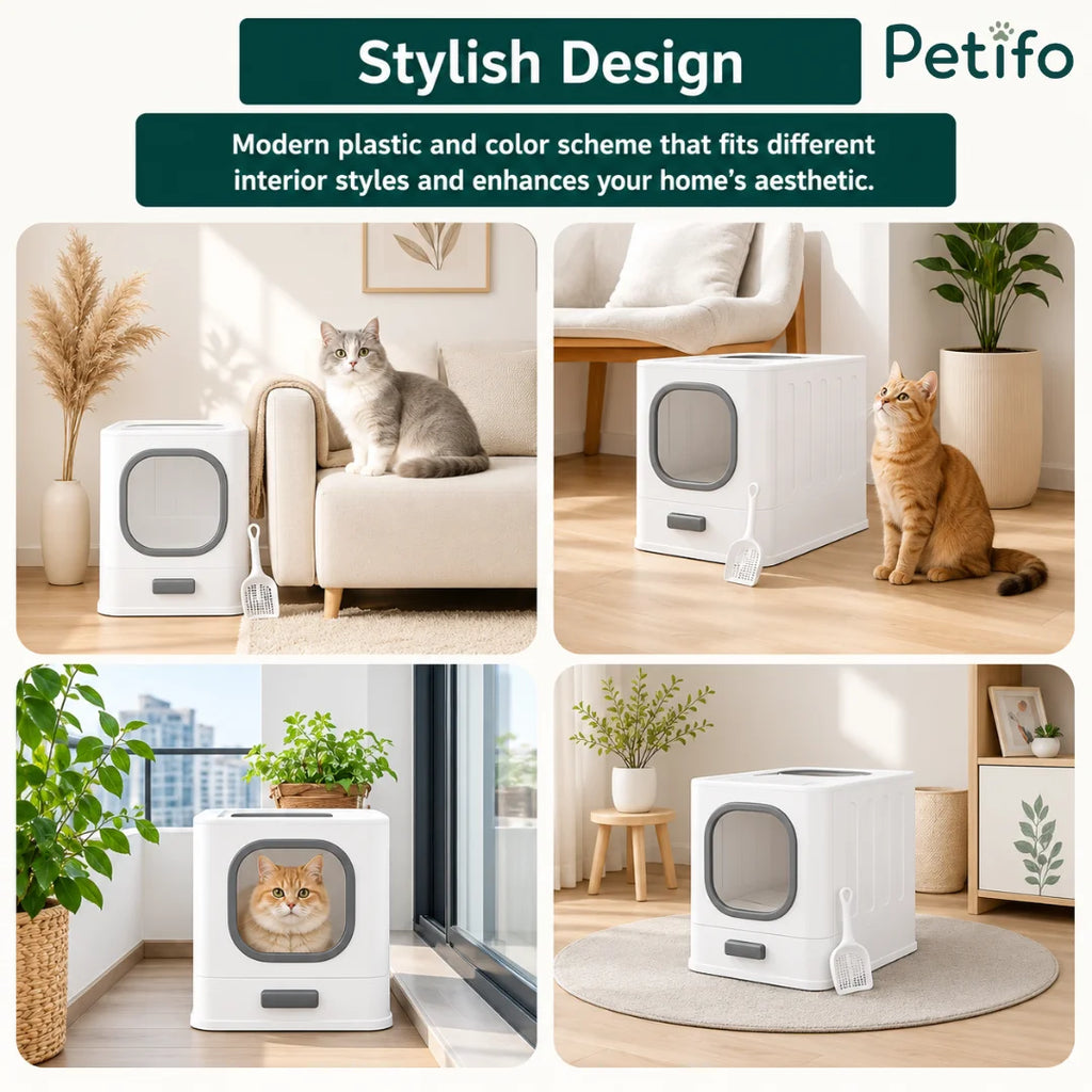 A collage showing a modern, stylish white cat litter box placed in various home interior settings.