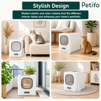 A collage showing a modern, stylish white cat litter box placed in various home interior settings.