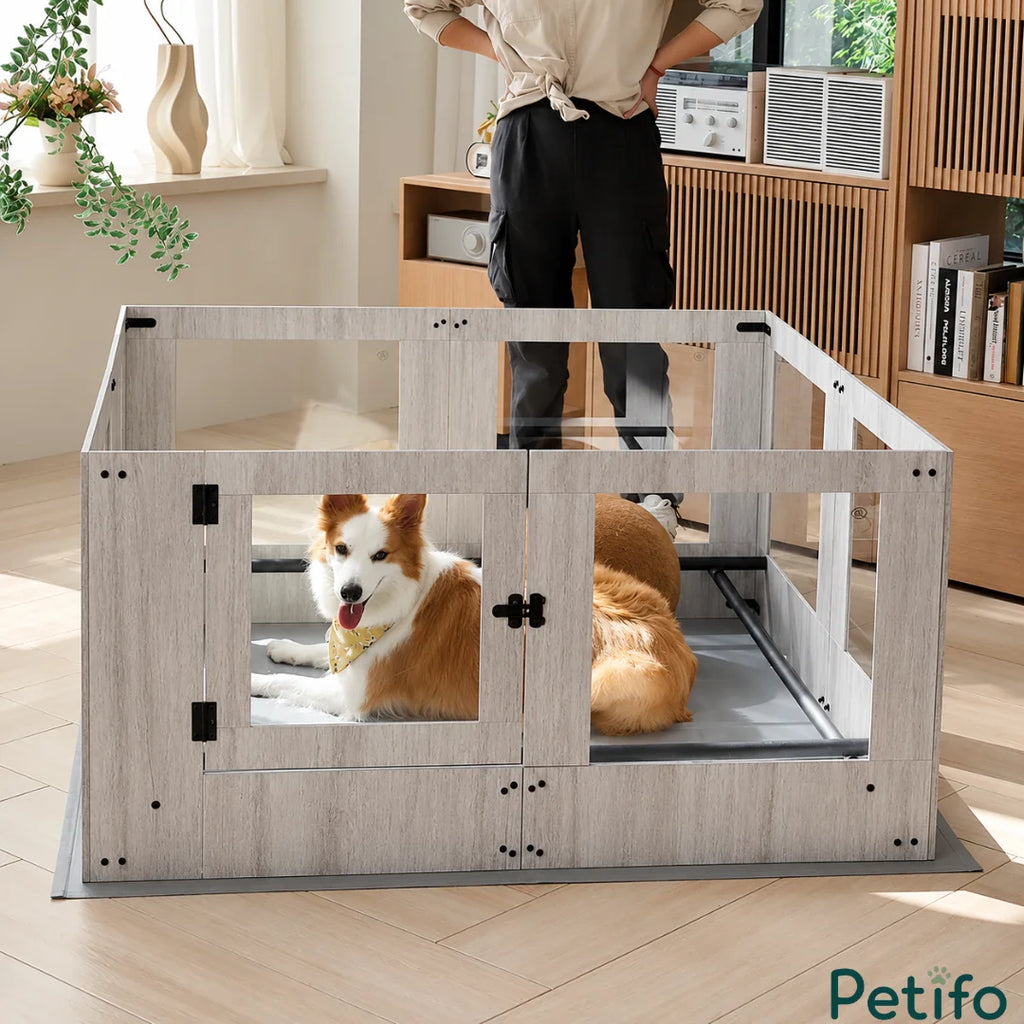 A cozy dog resting inside a stylish light wood pet enclosure with glass panels in a living room.