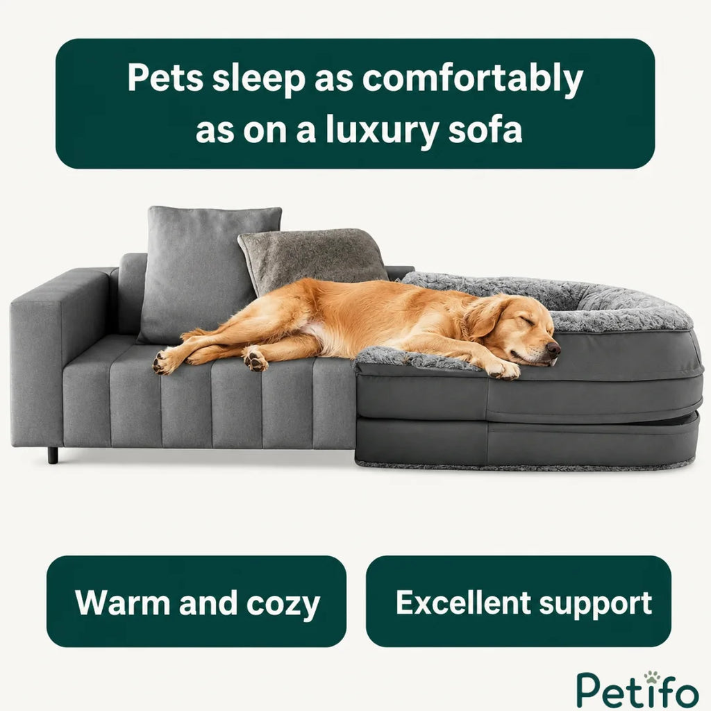 A cozy golden retriever sleeping soundly on a luxurious grey dog sofa bed that provides excellent support and warmth.