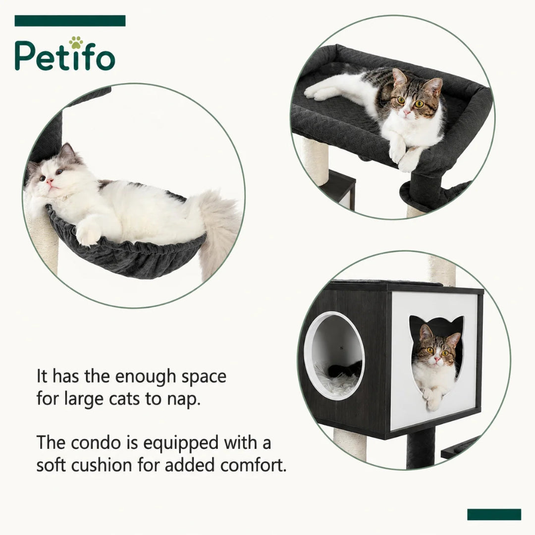 A feature collage of the Petifo cat tree showing close-up views of cats using the cozy hammock, the plush top bed, and the cat-ear-shaped entrance to the condo.