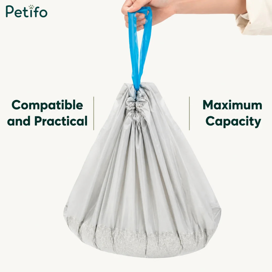 A filled Petifo replacement waste bag with a blue drawstring, emphasizing its compatibility, practicality, and maximum capacity.