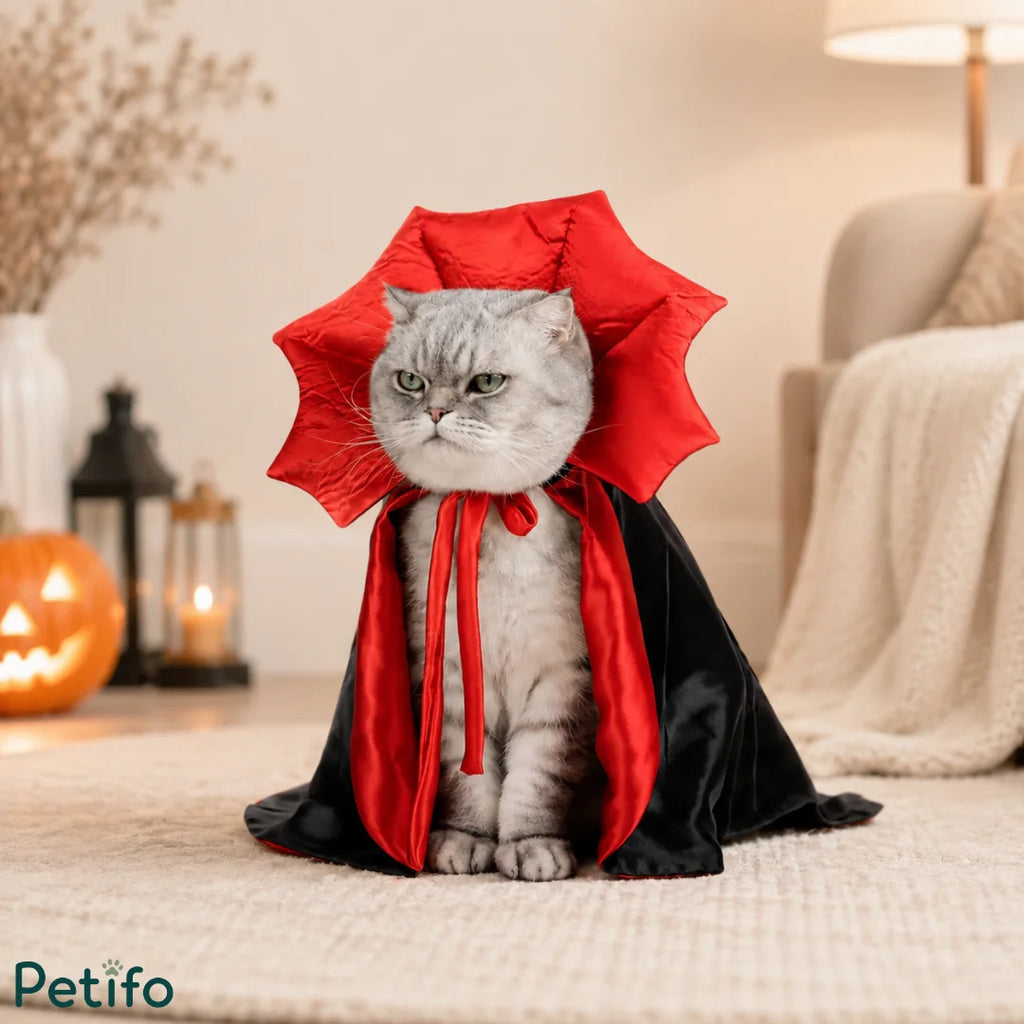 A gray cat wearing a Petifo vampire cape and standing in a cozy, decorated room with a lit pumpkin for Halloween.