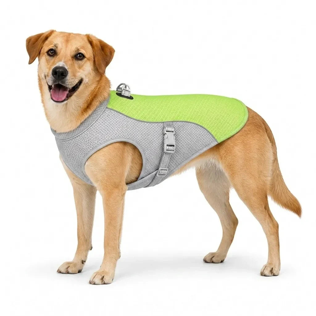 Large yellow dog wearing a green cooling vest in size large.