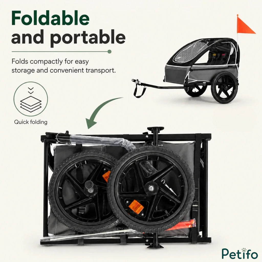 A grey foldable pet bike trailer shown in both its assembled travel position and its compact folded state for easy storage.