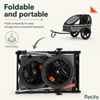 A grey foldable pet bike trailer shown in both its assembled travel position and its compact folded state for easy storage.