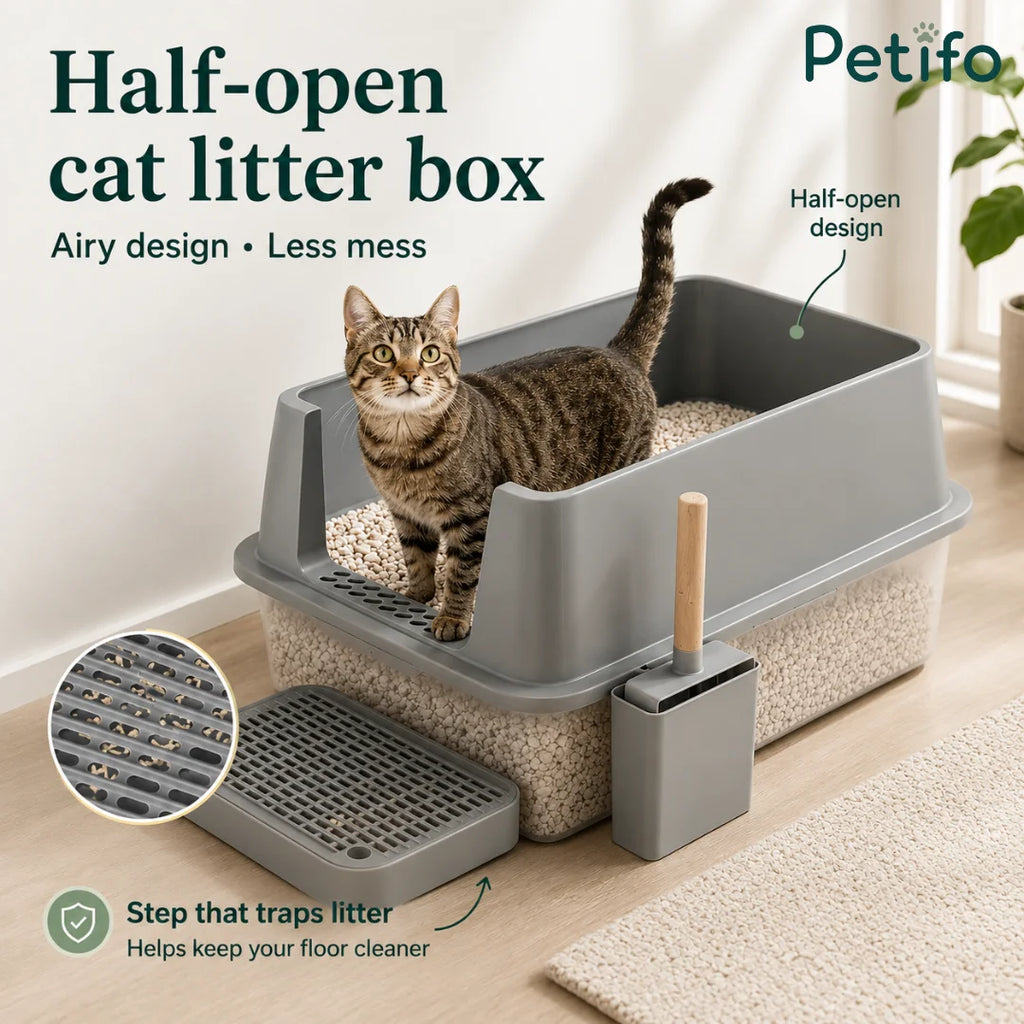 A half-open cat litter box design with a specialized step to trap litter and keep floors clean.