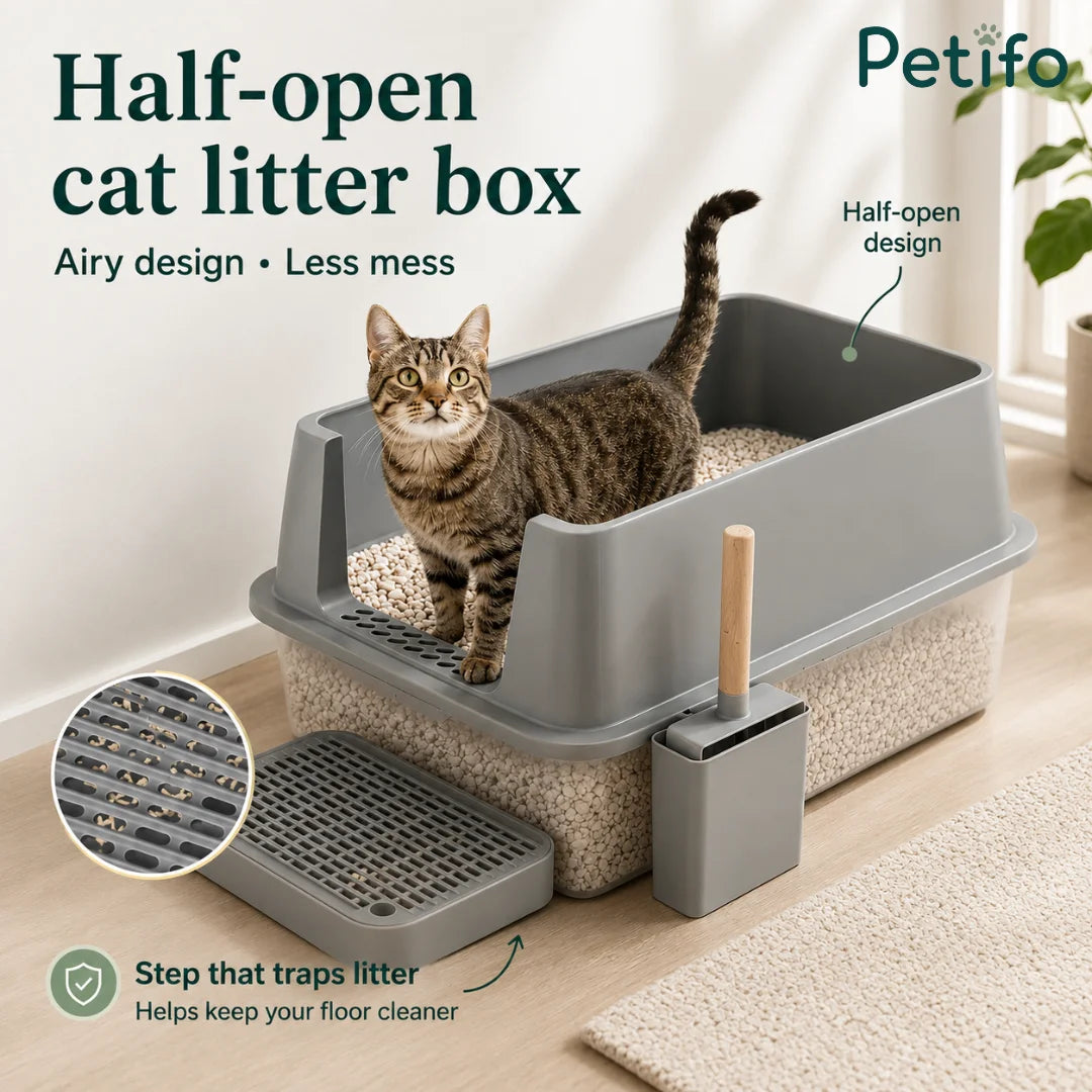 A half-open cat litter box design with a specialized step to trap litter and keep floors clean.