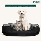 A happy puppy and kitten resting together in a premium, washable, and moisture-proof pet bed.