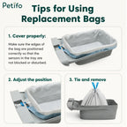 A instructional guide showing three tips for using Petifo replacement bags: covering the tray properly to avoid blocking sensors, adjusting the position, and tying and removing the bag.