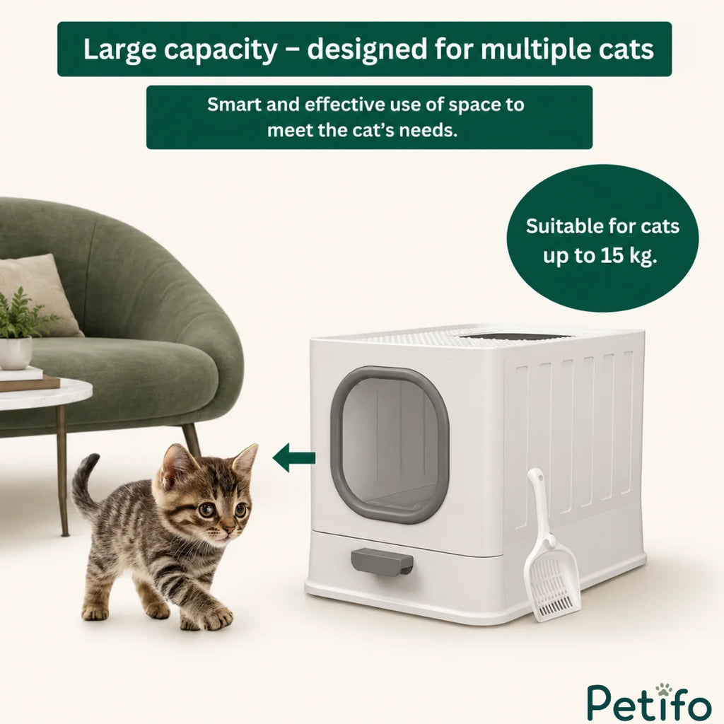 A large-capacity cat litter box suitable for cats weighing up to 15 kg, designed to maximize living space.
