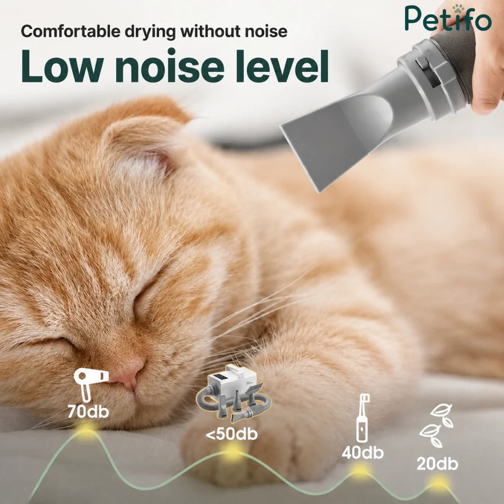 A low-noise pet hair dryer demonstrating quiet operation levels compared to traditional grooming tools to keep pets calm.