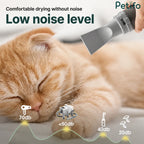 A low-noise pet hair dryer demonstrating quiet operation levels compared to traditional grooming tools to keep pets calm.