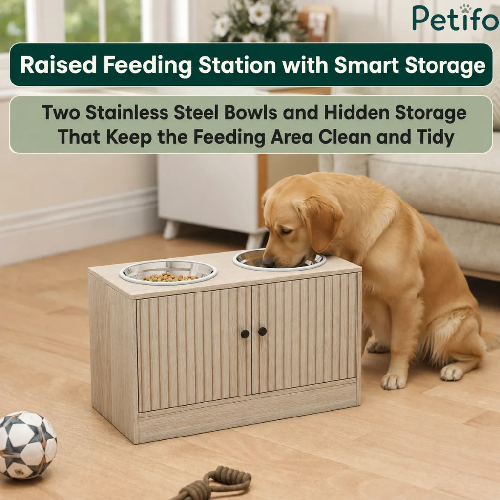 A modern dog feeding station with an integrated cabinet that provides convenient storage for dog food, treats, and accessories.
