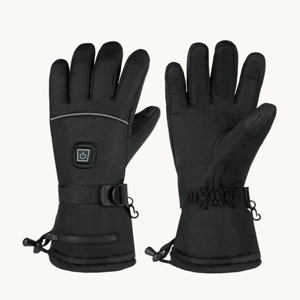 A pair of black Petifo heated winter gloves displayed from both the front and back angles, showing the power button, adjustable buckle, and zippered battery pocket.