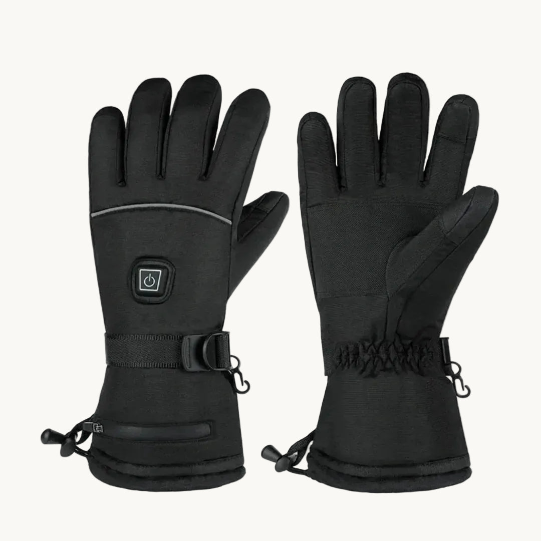 A pair of black Petifo heated winter gloves displayed from both the front and back angles, showing the power button, adjustable buckle, and zippered battery pocket.