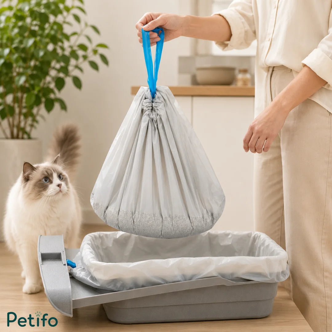 A person holding a filled grey Petifo replacement waste bag by its blue drawstring above a grey waste bin, with a fluffy cat watching nearby.