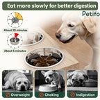 A slow-feeder bowl comparison showing how the Petifo bowl promotes slower eating to help prevent choking, indigestion, and obesity in dogs