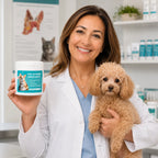 A smiling female veterinarian holding a container of TailCare pet ear cleaner finger wipes next to a small poodle puppy.