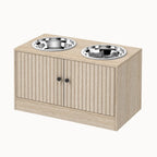 A standalone view of the Petifo wooden raised feeding station with two stainless steel bowls, one for water and one for food.