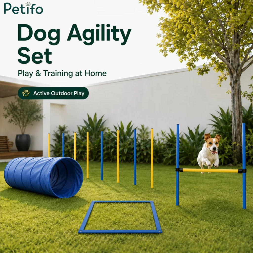 A step-by-step instructional graphic on how to set up the Petifo dog agility hurdle in three easy steps.