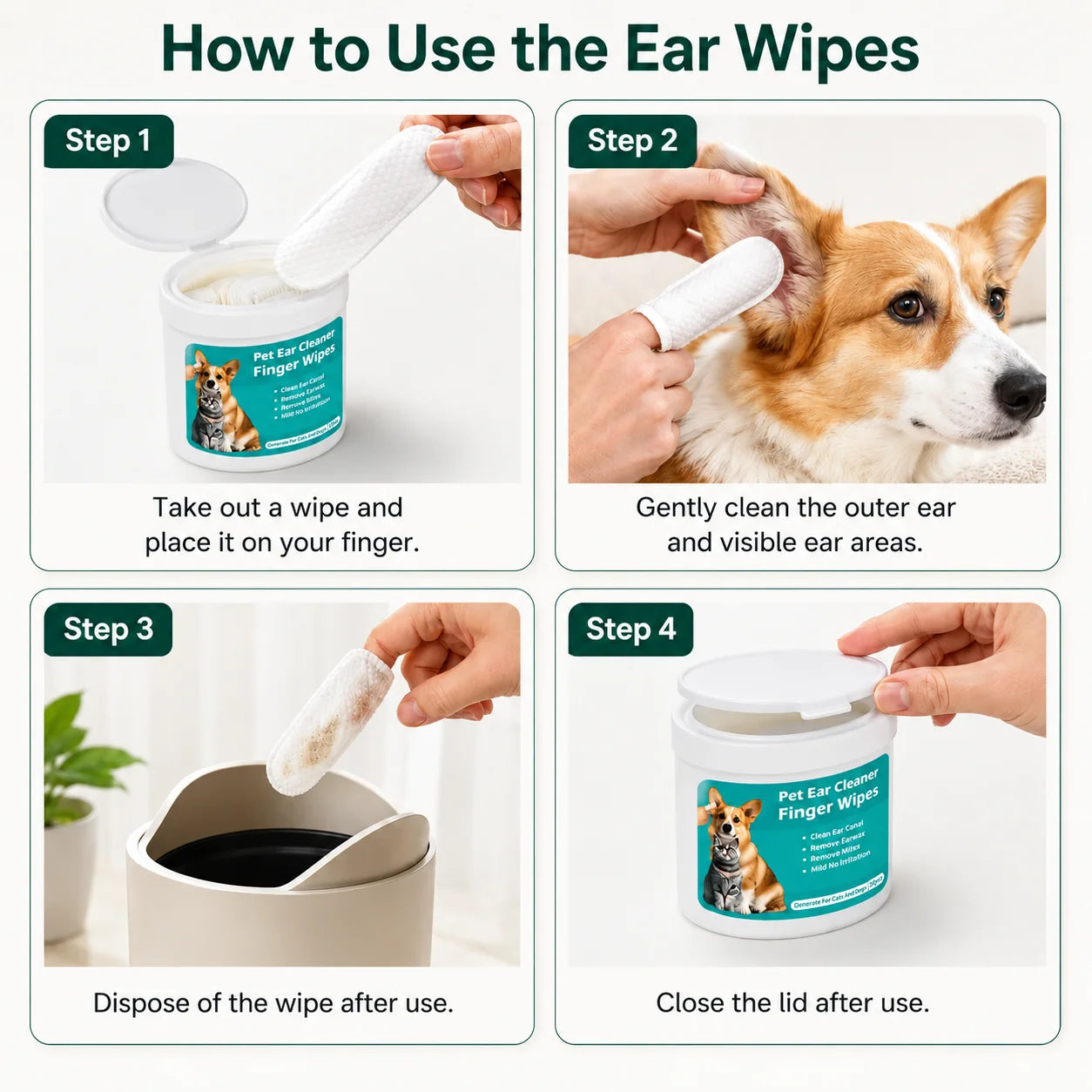 A step-by-step tutorial infographic on how to use finger wipes to clean a dog's ears safely.