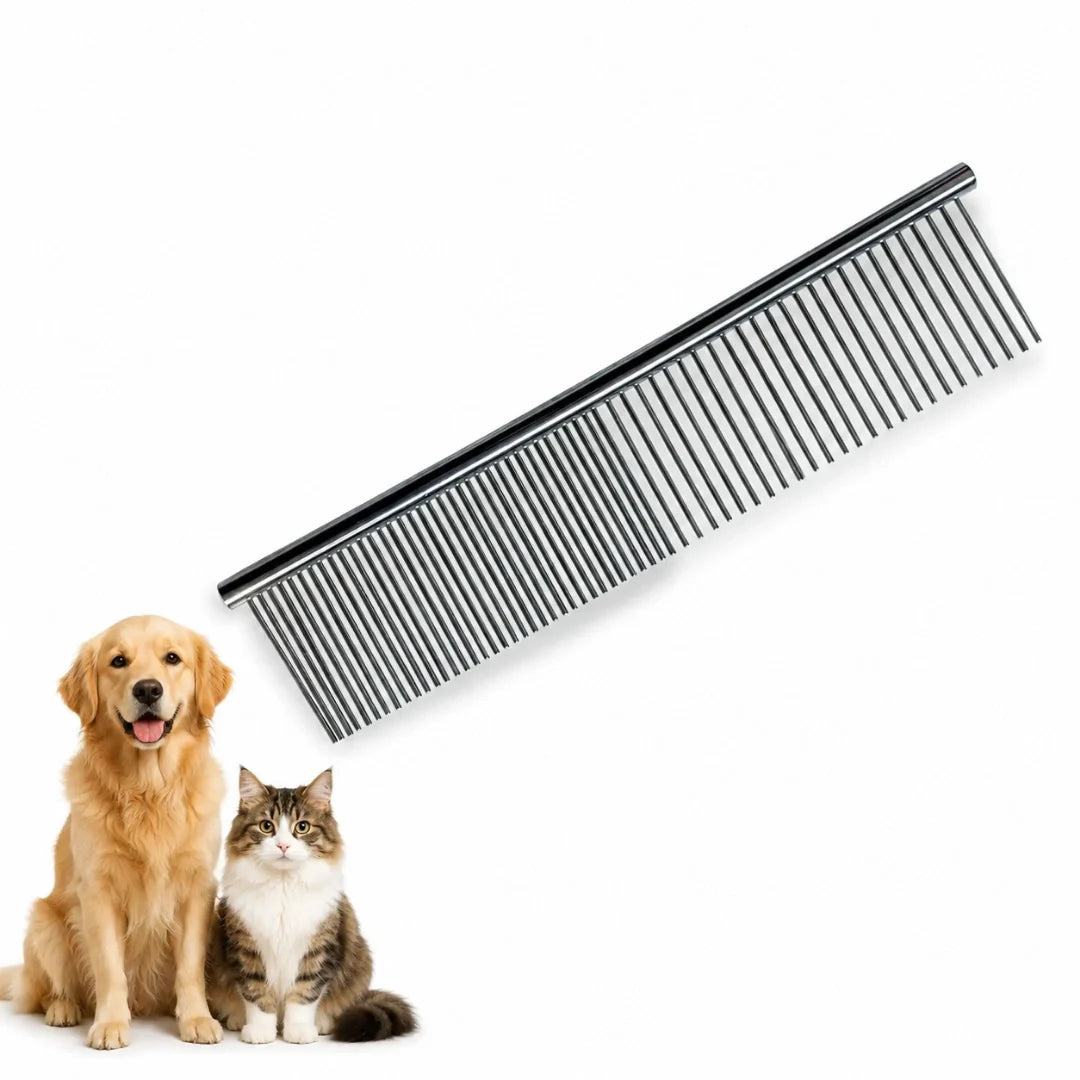 A studio product shot showing a golden retriever dog and a tabby-and-white cat sitting next to a Petifo metal pet grooming comb against a white background.