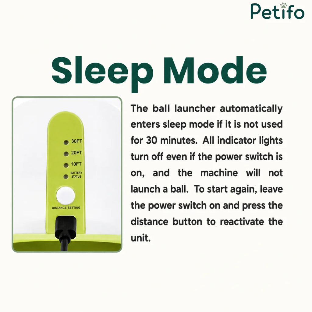 A technical explanation of the Petifo ball launcher's automatic sleep mode, which activates after 30 minutes of inactivity to save battery.
