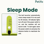 A technical explanation of the Petifo ball launcher's automatic sleep mode, which activates after 30 minutes of inactivity to save battery.
