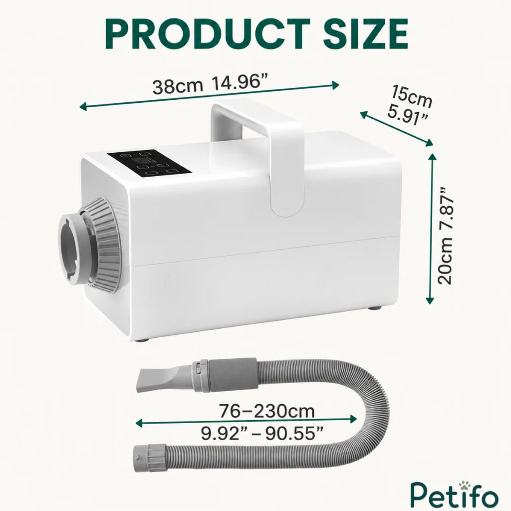 A technical specification diagram showing the dimensions of the pet hair dryer and its flexible, extendable hose.