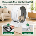 A white cat walking on a Petifo cat exercise wheel highlighting the detachable, easy-to-remove non-slip running mat.