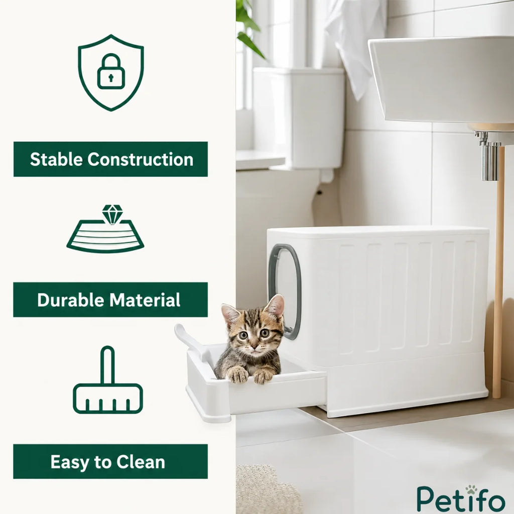 A white, durable cat litter box featuring a pull-out drawer and stable construction for easy cleaning.