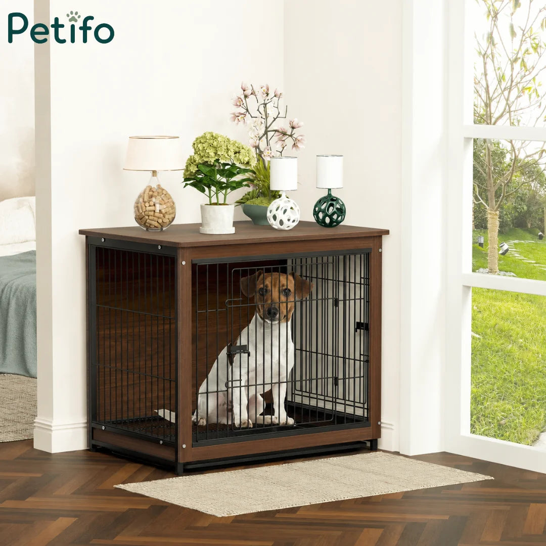 A wooden Petifo dog crate end table with a Jack Russell Terrier inside, styled as a functional piece of home decor.