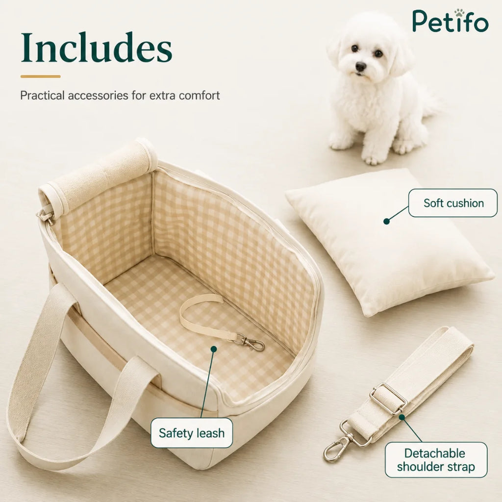 An overview graphic of the accessories included with the Petifo pet carrier, featuring a soft cushion, safety leash, and detachable shoulder strap.