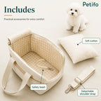 An overview graphic of the accessories included with the Petifo pet carrier, featuring a soft cushion, safety leash, and detachable shoulder strap.
