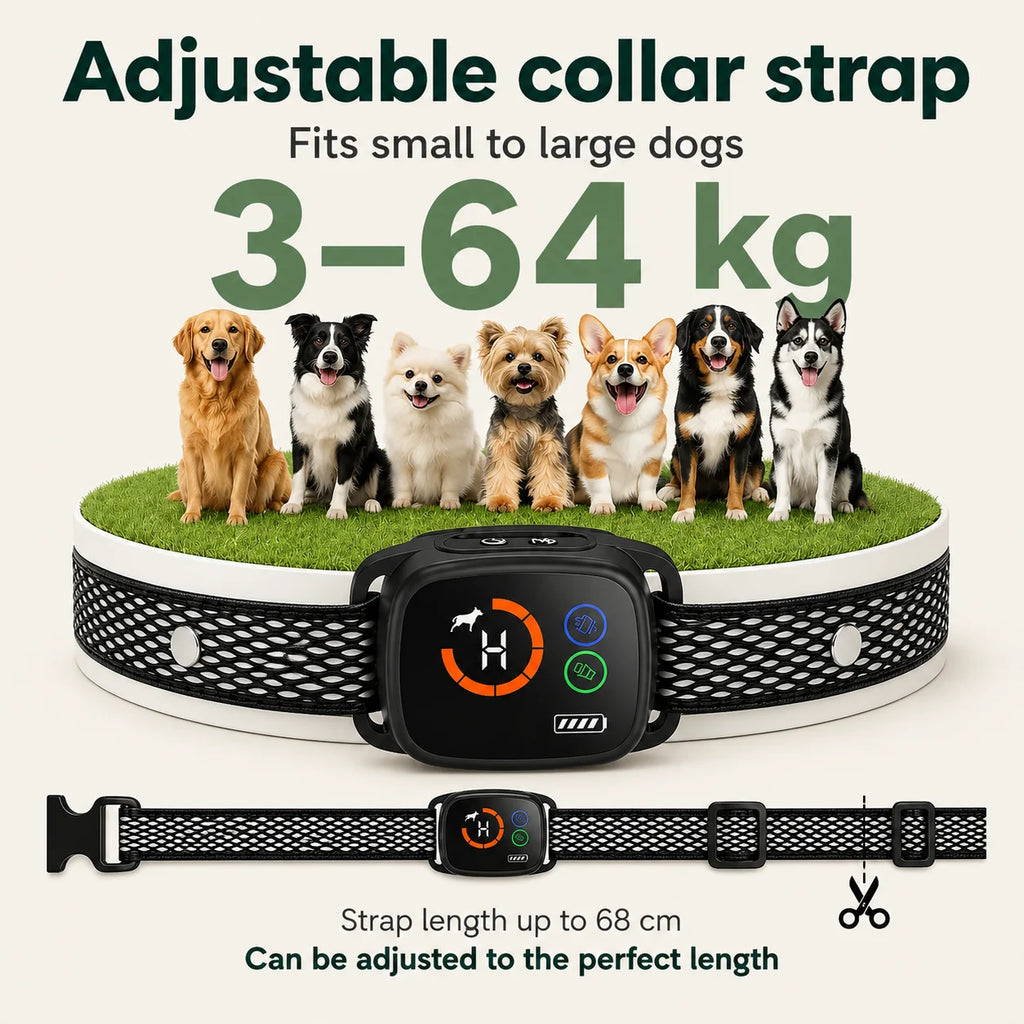 Adjustable ChewUp bark collar suitable for small to large dogs ranging from 3 kg to 64 kg.