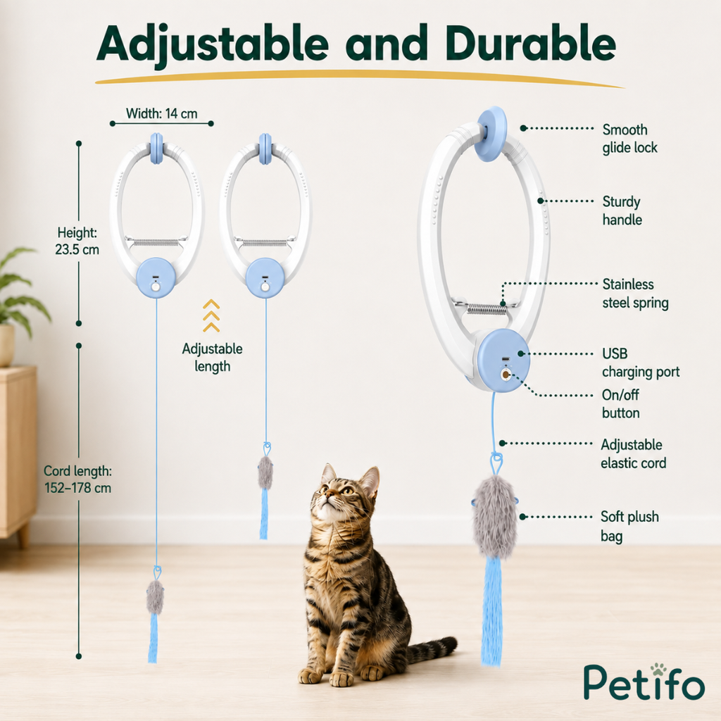 Adjustable and durable design highlights detailing the cord length, height, and soft plush toy attachment.