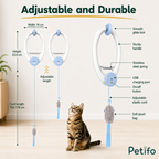 Adjustable and durable design highlights detailing the cord length, height, and soft plush toy attachment.