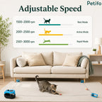 Adjustable speed settings infographic displaying rest, active, and rapid RPM modes for the interactive cat toy.