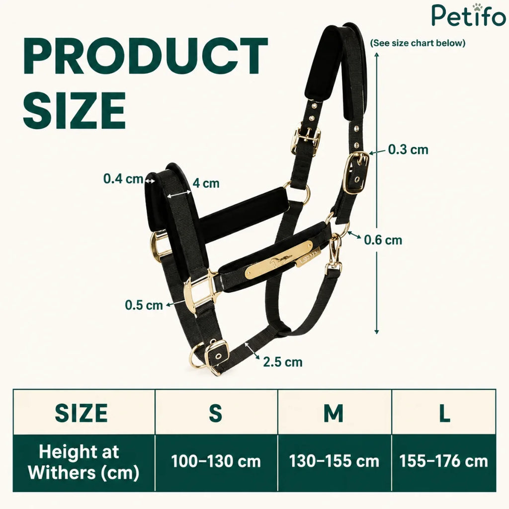 Product size chart and dimensions diagram for the adjustable horse halter.