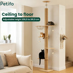 Adjustable floor-to-ceiling cat tower with multiple platforms.