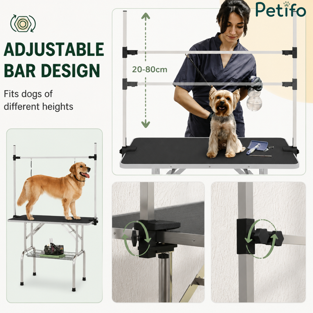 Adjustable bar design for pet grooming tables showing height customization options for dogs of various sizes.