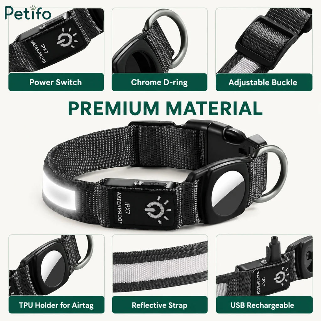 Detailed feature breakdown of the LED dog collar highlighting the power switch, chrome D-ring, adjustable buckle, TPU AirTag holder, reflective strap, and USB rechargeable design.