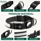 Detailed feature breakdown of the LED dog collar highlighting the power switch, chrome D-ring, adjustable buckle, TPU AirTag holder, reflective strap, and USB rechargeable design.