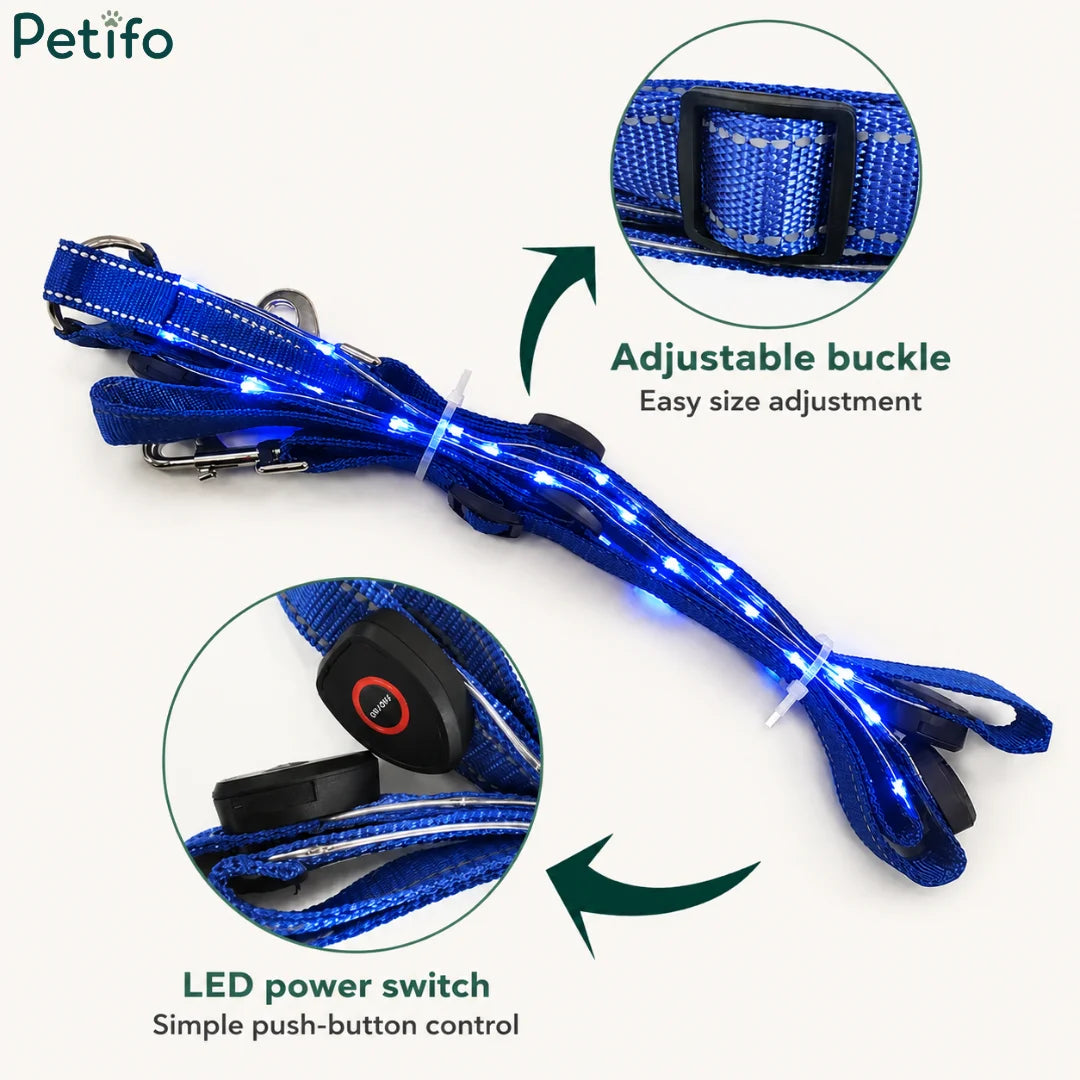 Close-up view highlighting the adjustable buckle and LED power switch of a glowing horse breastplate.